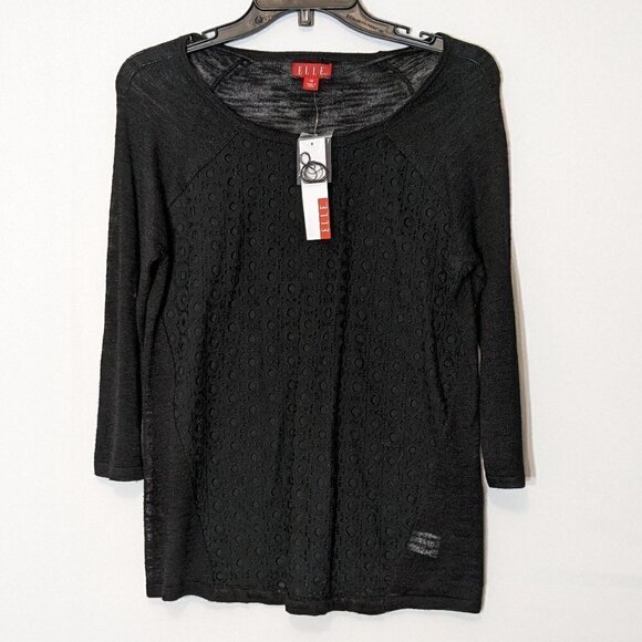 Women's ELLE, Black, Lace Front, 3/4 Sleeves, Pullover Tunic Top; Size XS - Picture 1 of 7